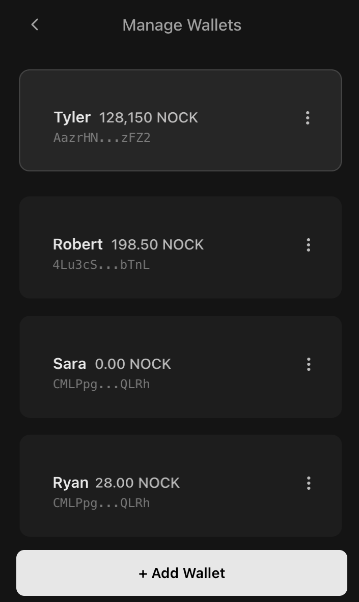 Fletch manage wallets screen